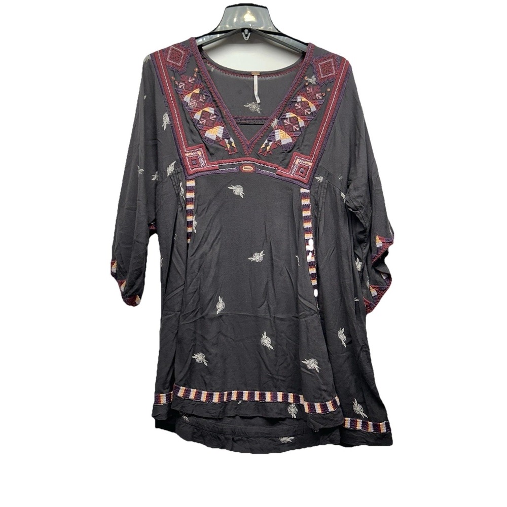 Free People Women's Small Black Multicolor Boho Peasant Top Blouse (UB)